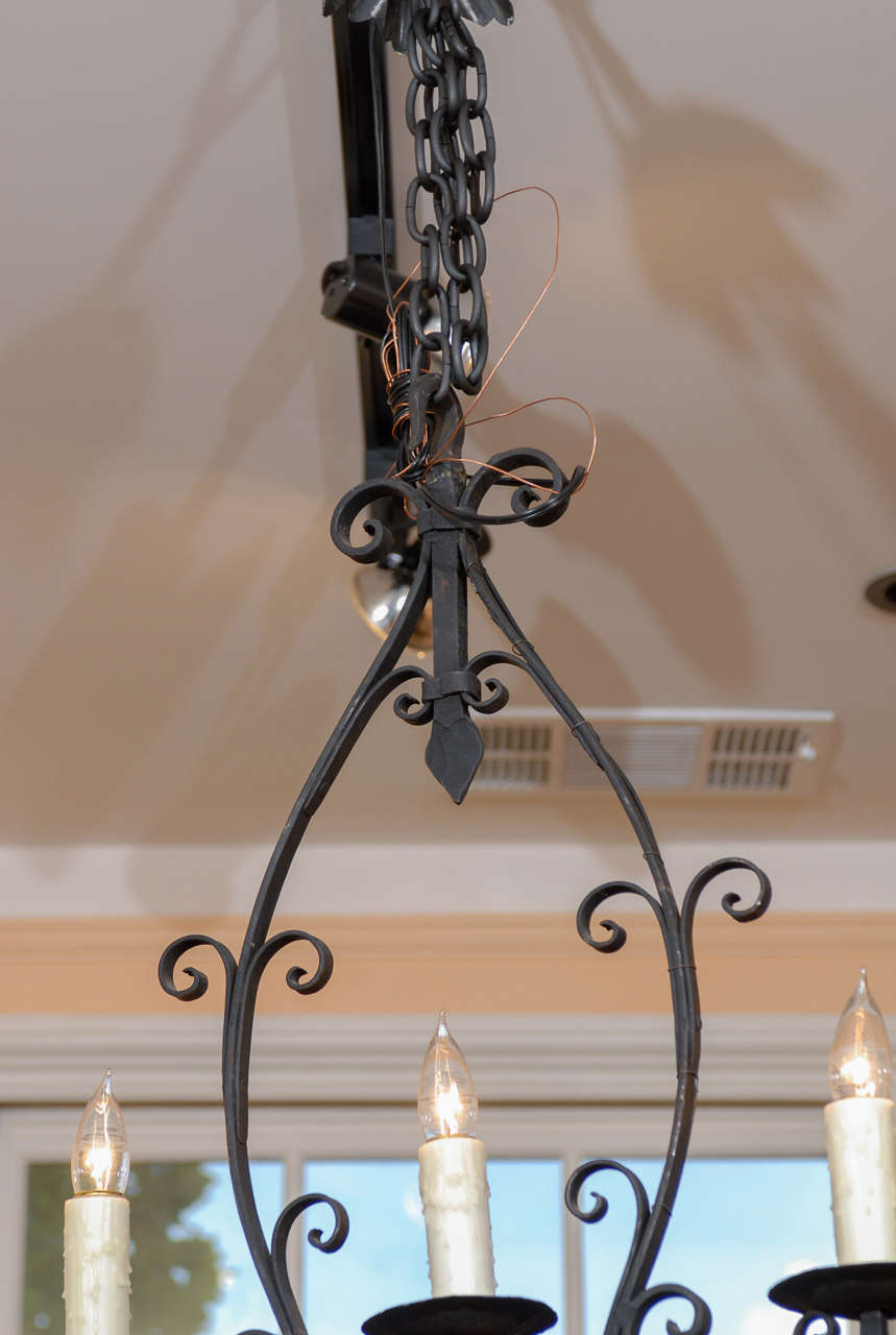 20th Century French 1940s, Wrought Iron Five-Light Linear Chandelier with Scrolled Décor