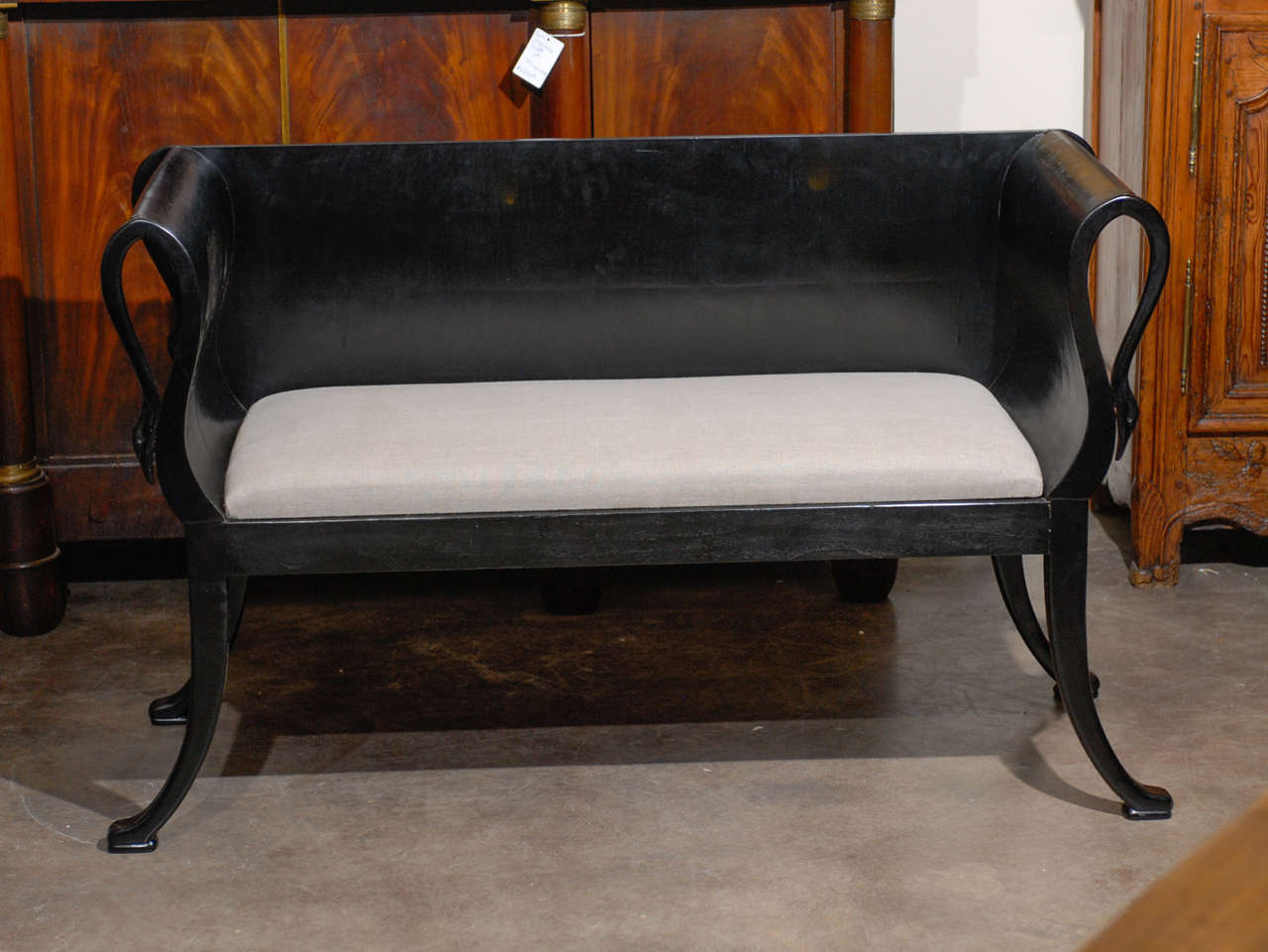 Pair of Ebonized Upholstered  Benches with Backs