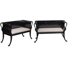 Antique Pair of Ebonized Upholstered  Benches with Backs