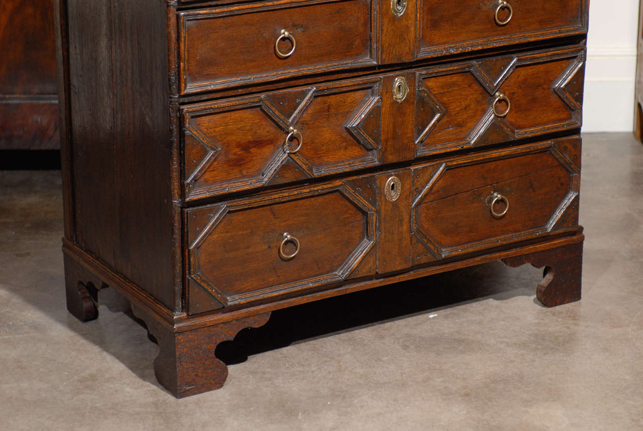 Brass English Oak Early 19th Century Six-Drawer Chest with Geometric Front For Sale