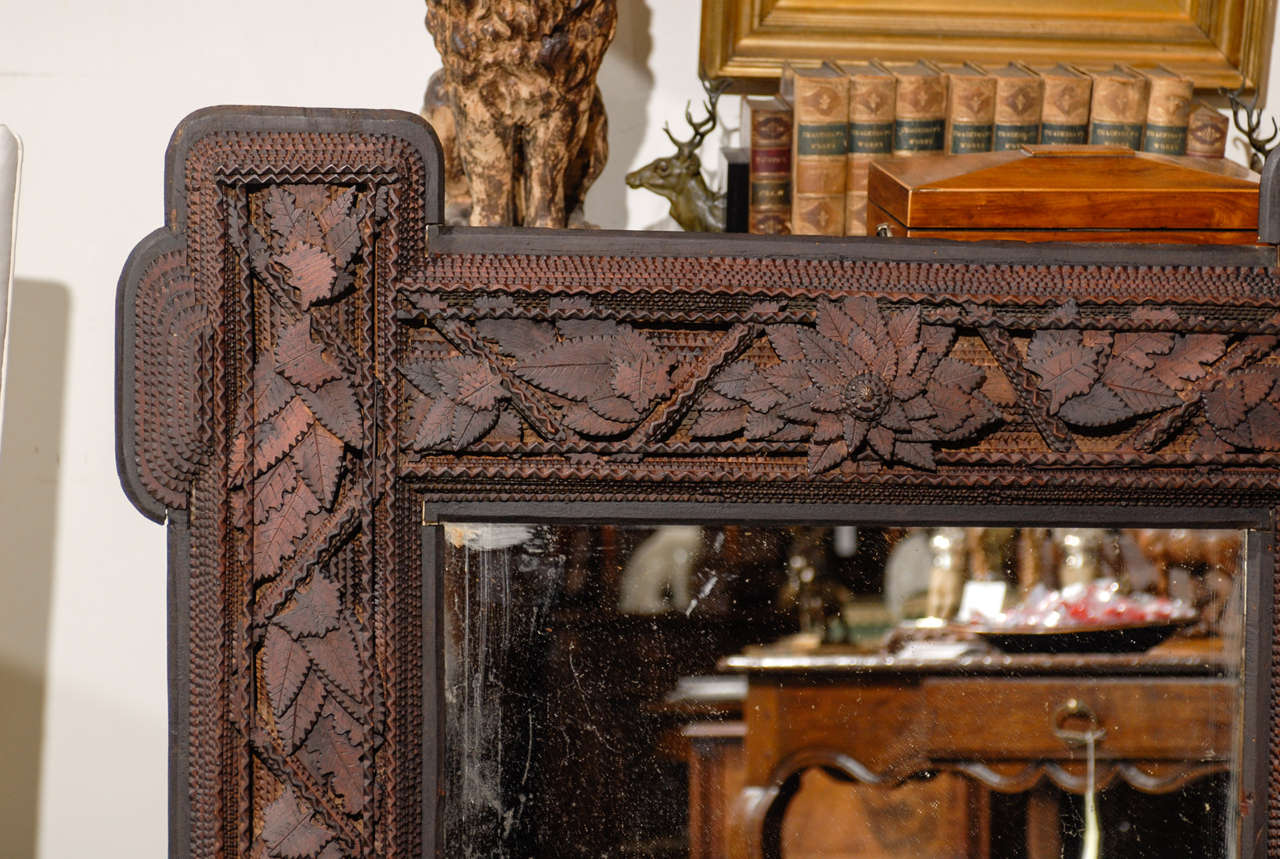 French Large Carved Tramp Art Mirror