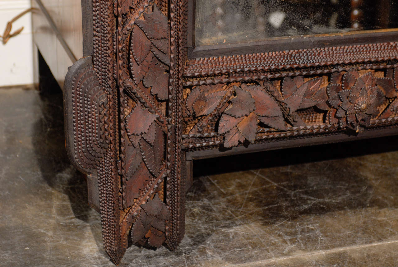 20th Century Large Carved Tramp Art Mirror