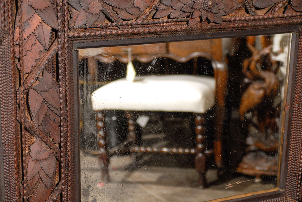 Wood Large Carved Tramp Art Mirror