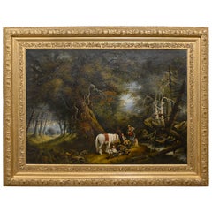 Antique Large Oil Painting of Men with Horse and Dogs in Landscape, Turn of the Century