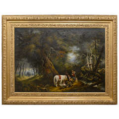 Large Antique Landscape Oil Painting with Horse in Antique Gilt Frame 7