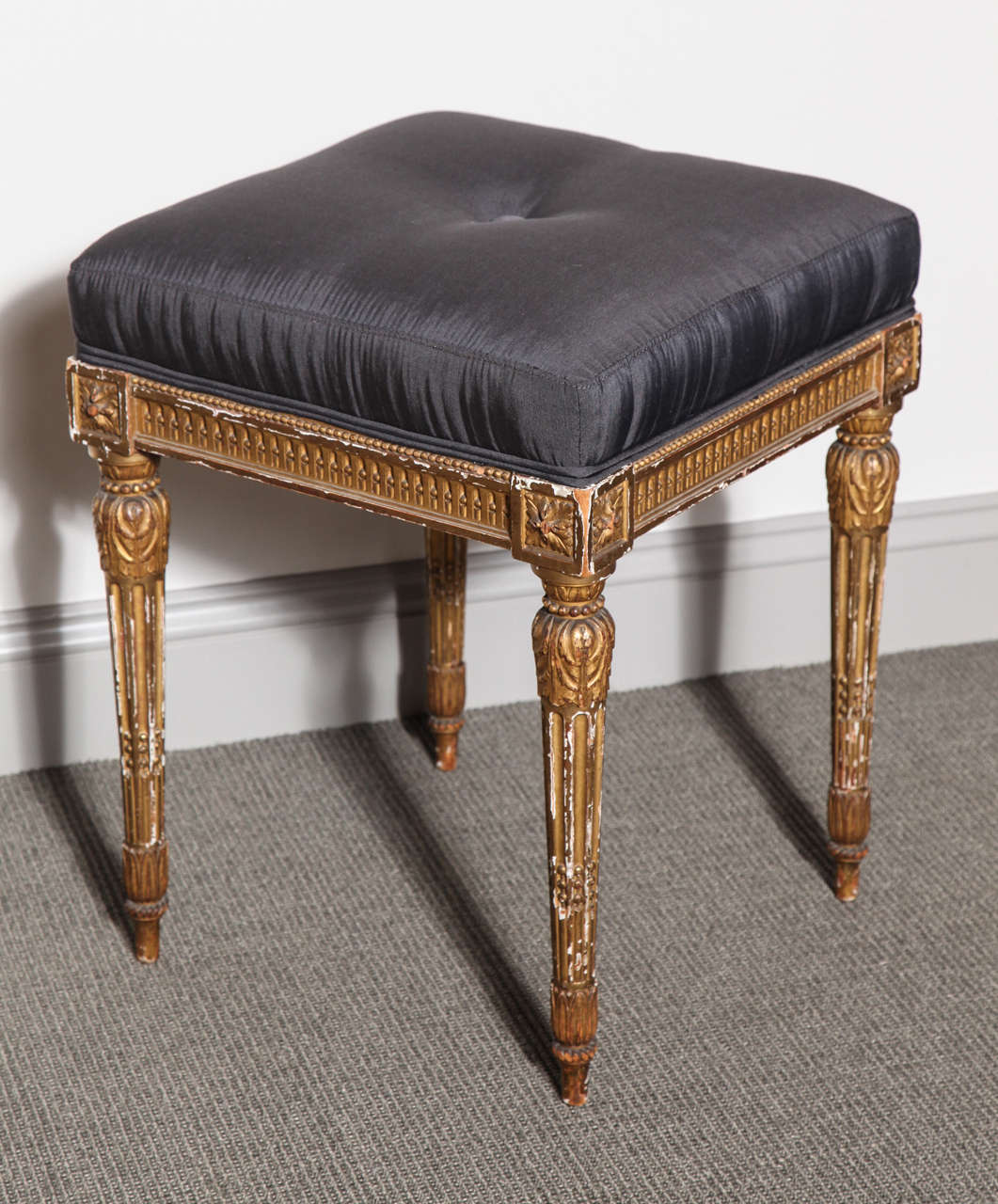 Gilt frame Louis XVI style stool upholstered in silk.
