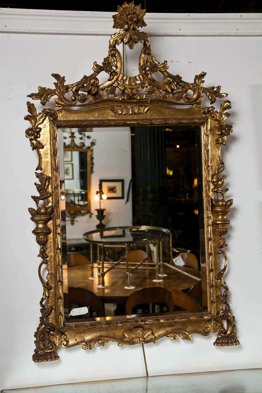 Attractive French giltwood mirror in the taste of Belle Époque, possibly from 1950s, the ornately carved frame depicting motifs of urns, foliate, scrolls, ribbons, floral, shells, etc.
