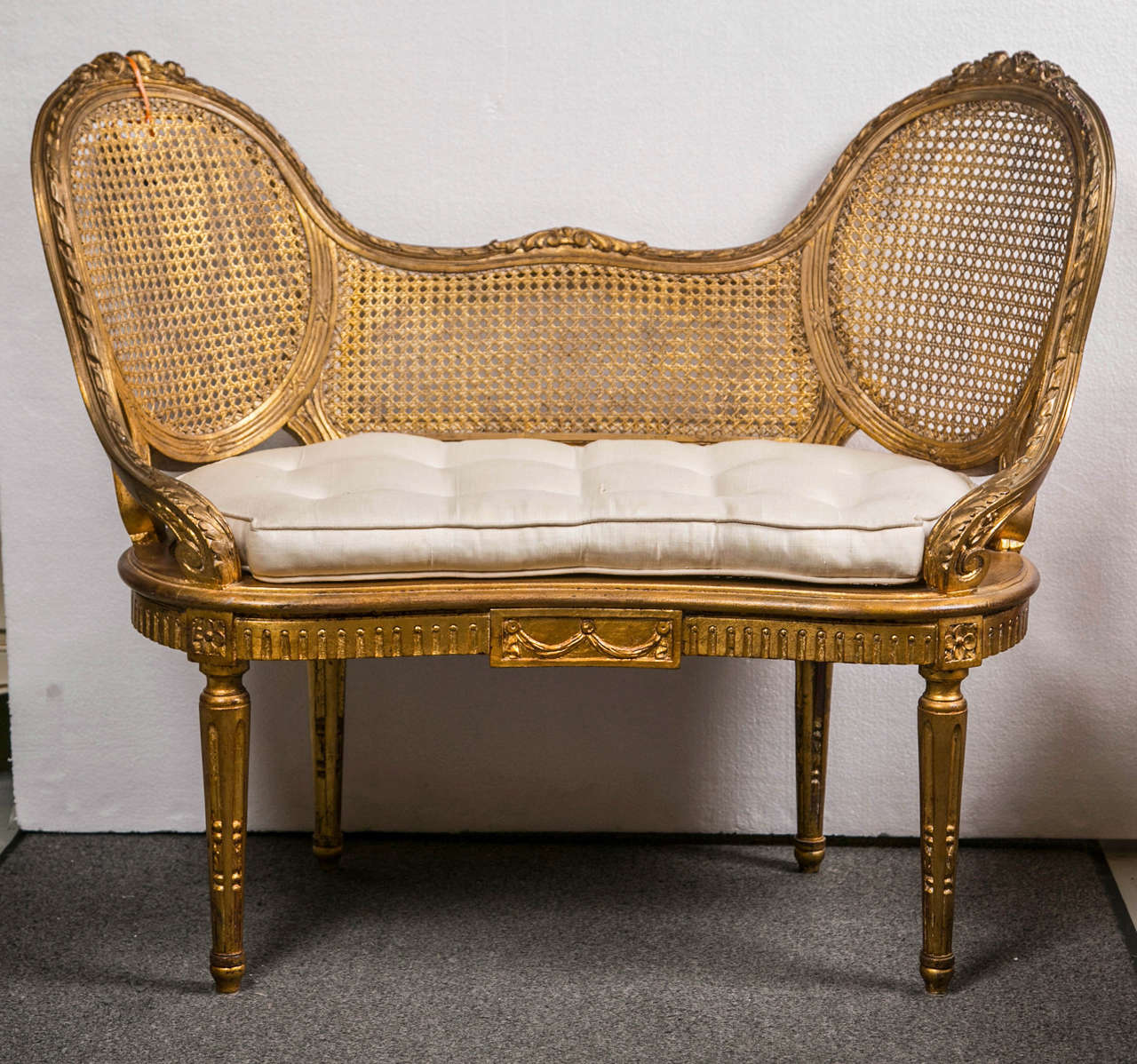 French Louis XIV Style Giltwood Caned Bench