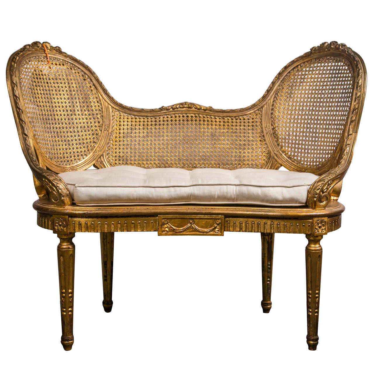 French Louis XIV Style Giltwood Caned Bench