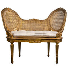 Vintage French Louis XIV Style Giltwood Caned Bench