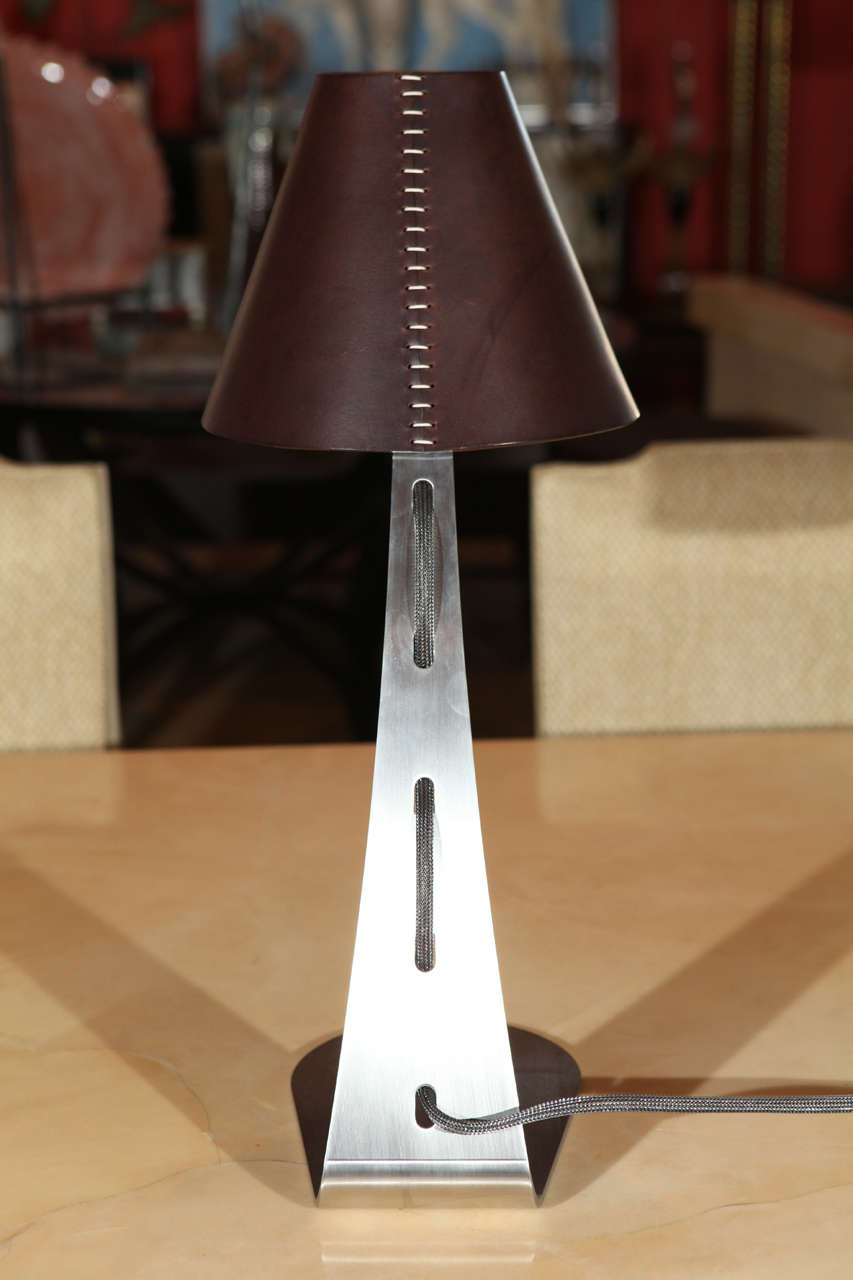 Leather and Steel Table Lamp In Excellent Condition In Los Angeles, CA