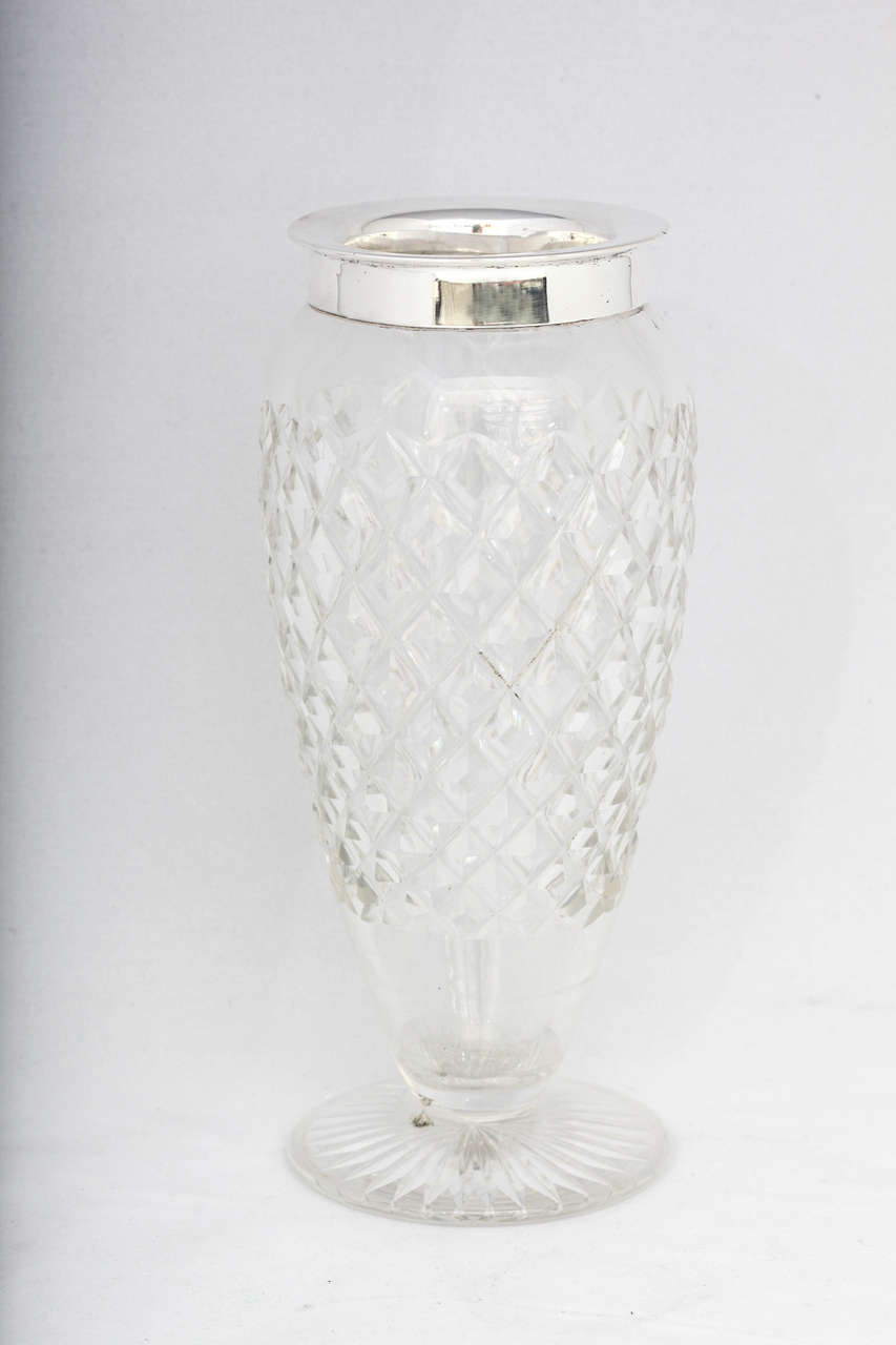 Sterling silver-mounted, cut crystal (in a diamond pattern) vase, Sheffield, England, 1923. Measures: 7 3/4