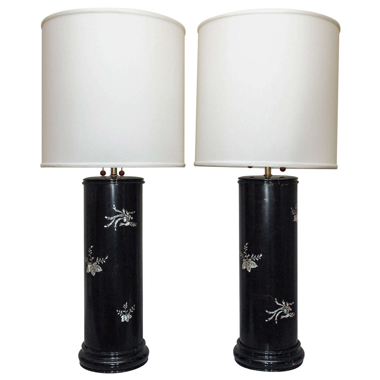 SATURDAY SALE Imposing Ebonized Table Lamps with Mother-of-Pearl Inlay For Sale