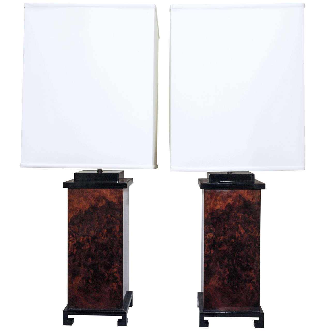 Monumental Pair "Burl" and Black Lacquer Table Lamps For Sale