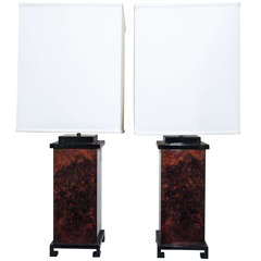 Monumental Pair "Burl" and Black Lacquer Table Lamps