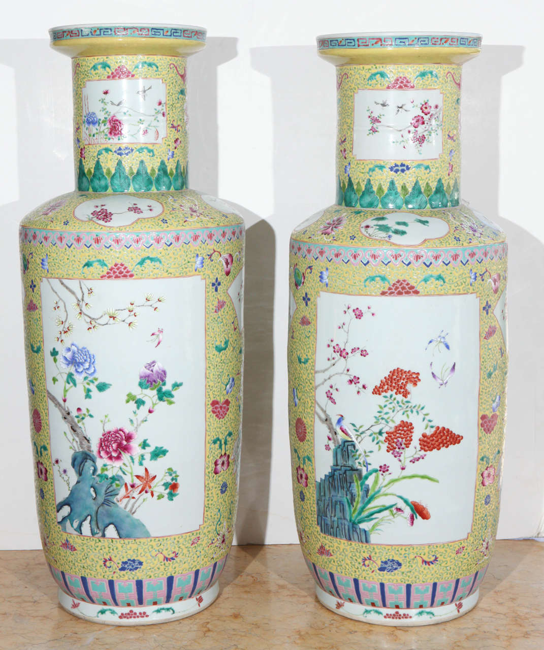 Ceramic Pair of Famille Rose Style Urns