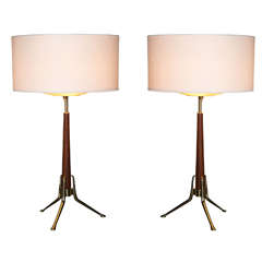 Pair of Gerald Thurston Walnut and Brass Table Lamps