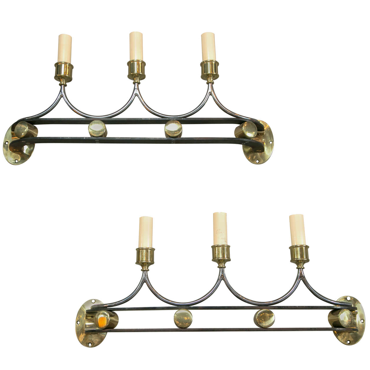 Pair of Brass and Iron Art Deco Sconces For Sale