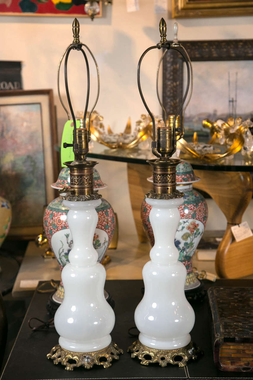 Pair of French Opaline Table Lamps