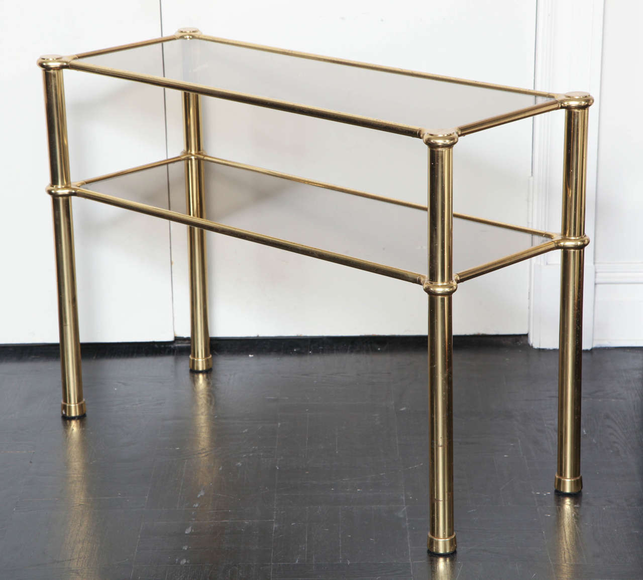 Mid-20th Century Polished Gilt Brass and Smoked Glass, Two-Tier Console Table
