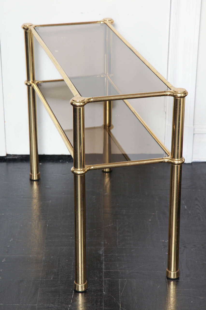 Mid-20th Century Polished Gilt Brass and Smoked Glass, Two-Tier Console Table For Sale 4