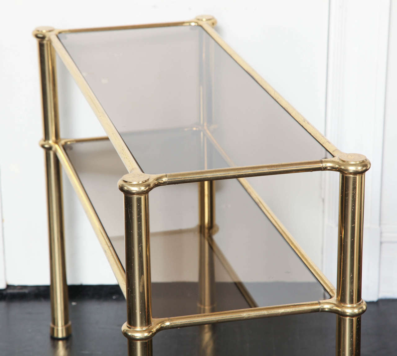 Mid-20th Century Polished Gilt Brass and Smoked Glass, Two-Tier Console Table For Sale 5
