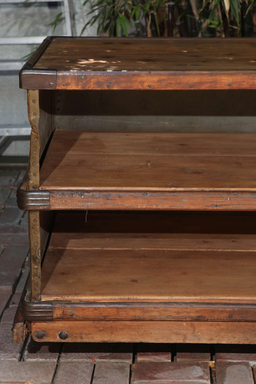 Industrial Large Trolley or Cart in Wood and Leather