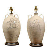 Pair North Carolina Pottery Cream Lamps with Opposing Chickens