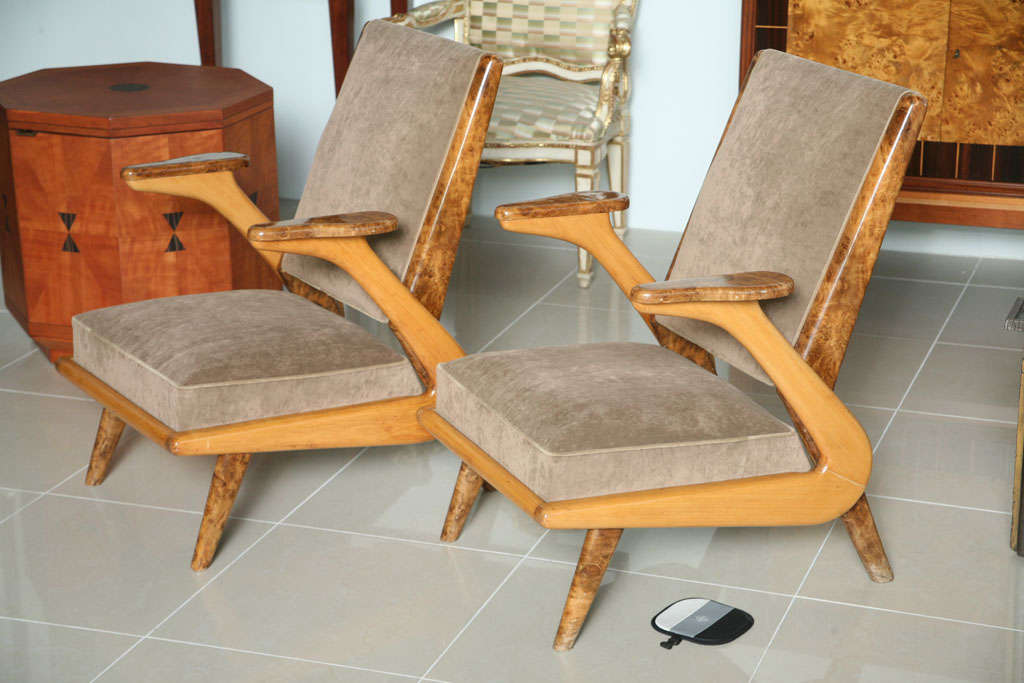 Pr of Italian Walnut and Rootwood Chairs, circle of Gio Ponti