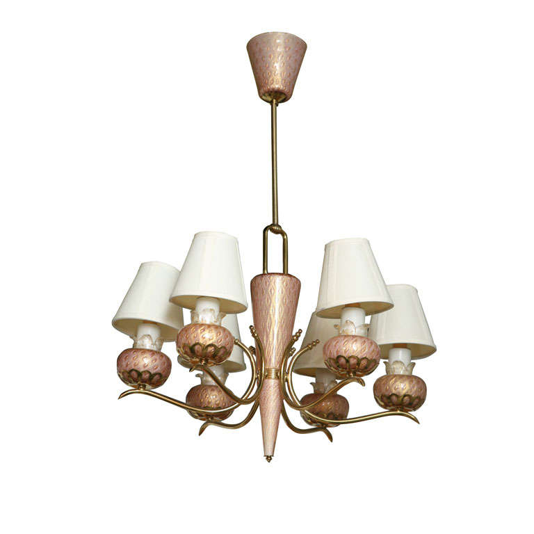 Murano Six-Arm Glass and Brass Chandelier For Sale
