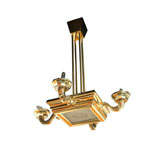 A French Late Art Deco Brass and Frosted Glass 4 Arm Chandelier