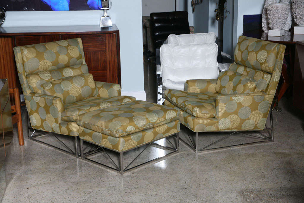 Fine pair of Michel Boyer chrome high back chairs and ottoman. Ottoman measure: 15.5