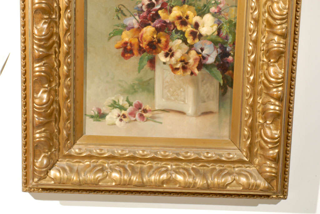 Belle Époque French Framed Oil on Board Still-Life Painting Depicting Pansies, 19th Century For Sale