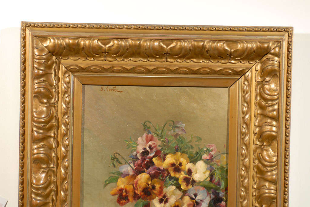 French Framed Oil on Board Still-Life Painting Depicting Pansies, 19th Century In Good Condition In Atlanta, GA