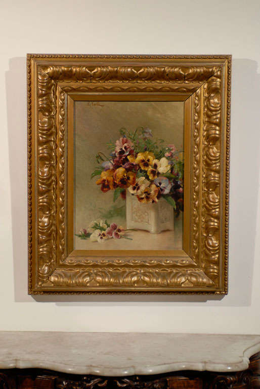 French Framed Oil on Board Still-Life Painting Depicting Pansies, 19th Century For Sale 1