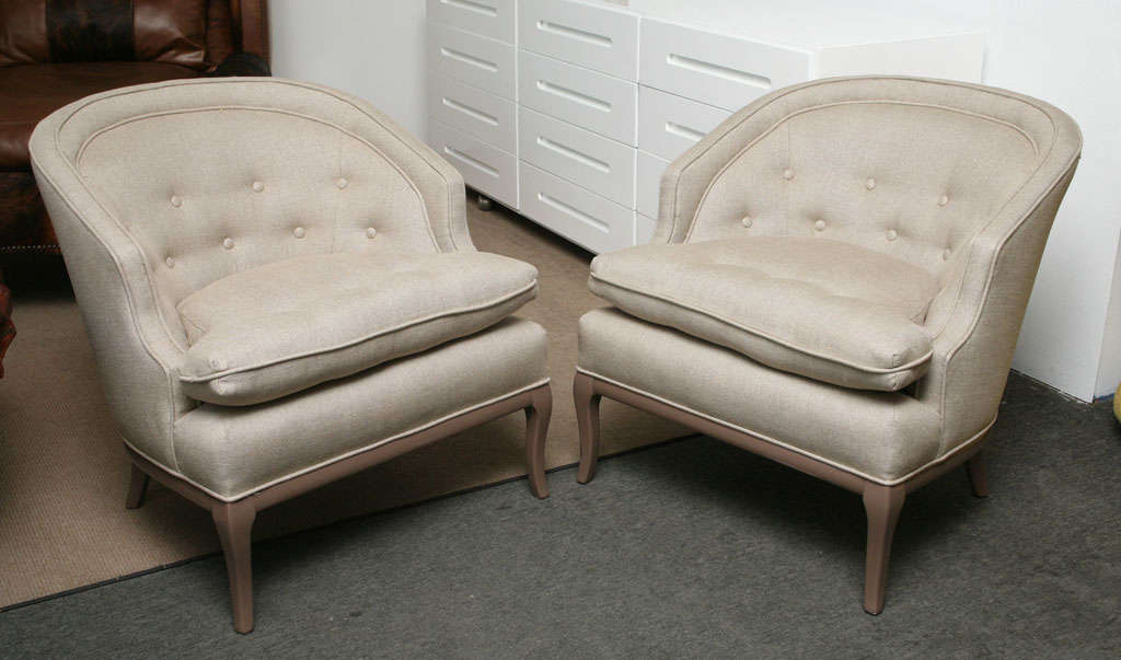 Tufted armchairs reupolstered in natural linen and lacquered legs in coffee au lait color...very confortable for long conversations