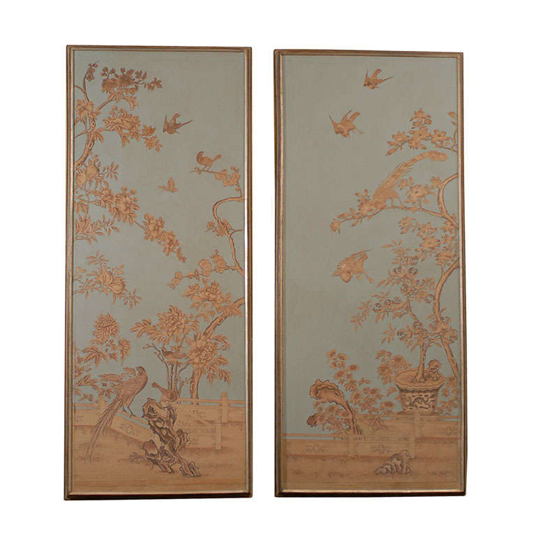 Pair of Chinoiserie Wallpaper Panels, Custom Painted