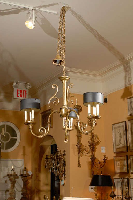 3-ARM BRASS CHANDELIER WITH TOLE SHADES<br />
OUR INVENTORY #10-L-165<br />
AN ATLANTA RESOURCE FOR FINE ANTIQUES