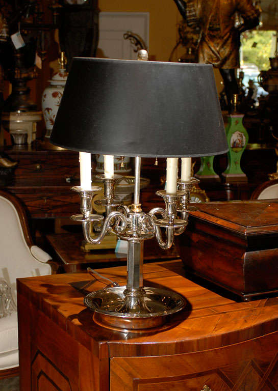 20th Century French Silvered Four-Arm Bouillotte Lamp with Tole Shade 5
