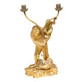 Antique 19th Century Gilded Bronze Monkey Candelabra, 2-arm