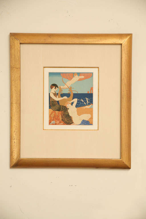 Diese schöne sinnliche seltene Französisch Art Deco Gravur aus dem begehrten Portfolio Chansons de Bilitis in den 1920er Jahren Frankreich ist von dem berühmten Künstler; George Barbier. Es ist exquisit ausgeführt mit einem ägyptischen Revival
