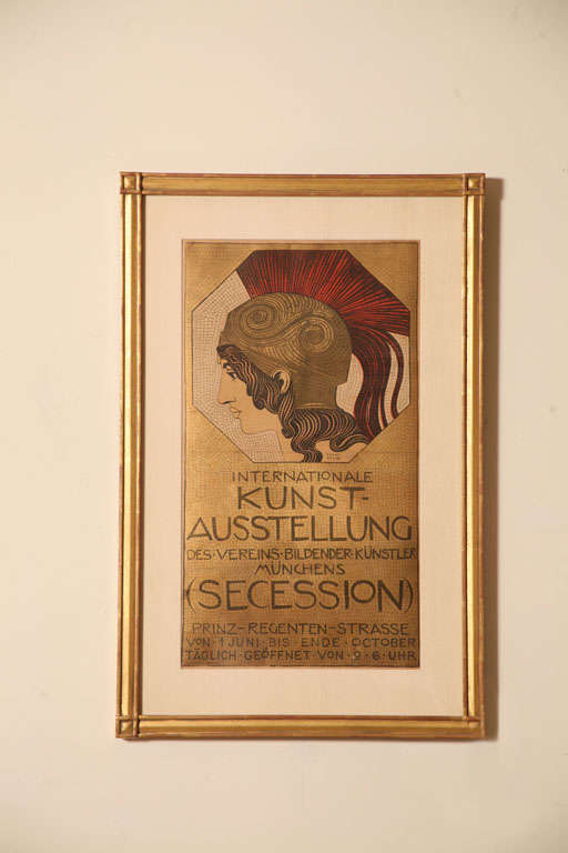 This 1911 German authentic and original European original stone lithograph custom framed poster is by Franz von Stuck. The paper has gold leaf on it. This is a rare poster and very few of these now exist. It has been archivally lined backed and