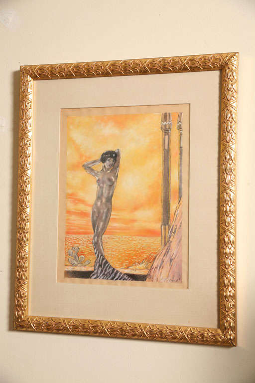  Edouard Chimot Art Deco Watercolor Yellow, Orange, Gray Custom Framed French In Good Condition For Sale In North Miami, FL