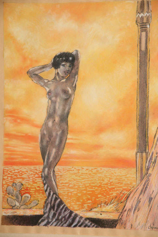 20th Century  Edouard Chimot Art Deco Watercolor Yellow, Orange, Gray Custom Framed French For Sale