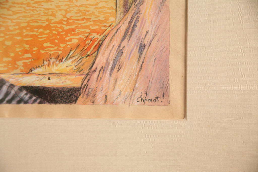 Wood  Edouard Chimot Art Deco Watercolor Yellow, Orange, Gray Custom Framed French For Sale