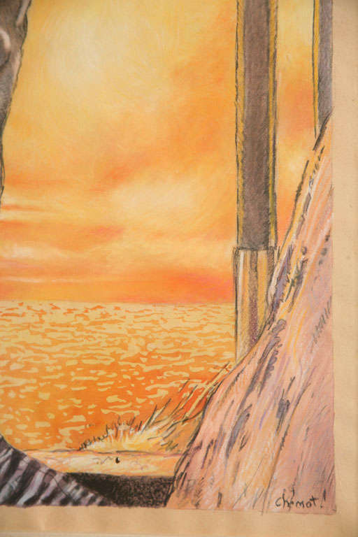  Edouard Chimot Art Deco Watercolor Yellow, Orange, Gray Custom Framed French For Sale 5