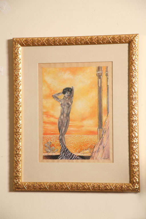 This stunning and erotic one of a kind signed watercolor by Edouard Chimot was painted in the 1920's. He worked a lot in erotica. Chimot reached his peak of his career in the 1920's in France. He published many fine qulaity art printed books that