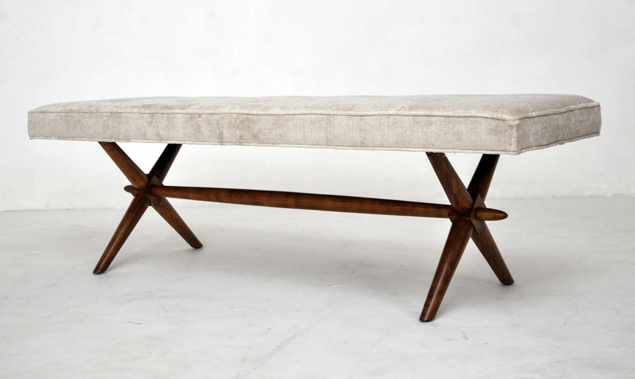 X-base bench by T.H. Robsjohn-Gibbings.  Fully restored.  Newly upholstered in cotton velvet.