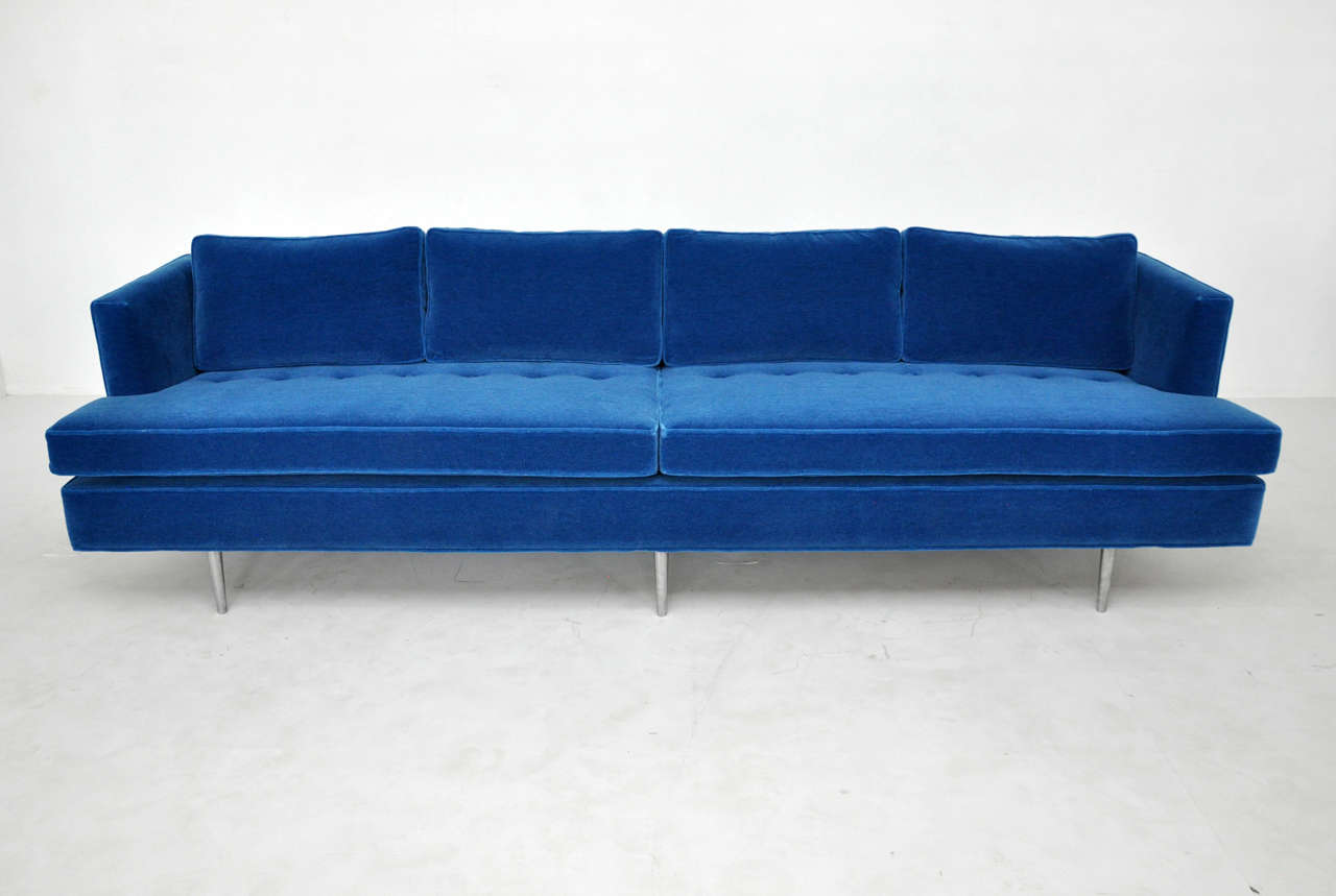 Dunbar model 4907 sofa.  9ft long.  Newly upholstered in vibrant blue mohair over brushed aluminum legs.