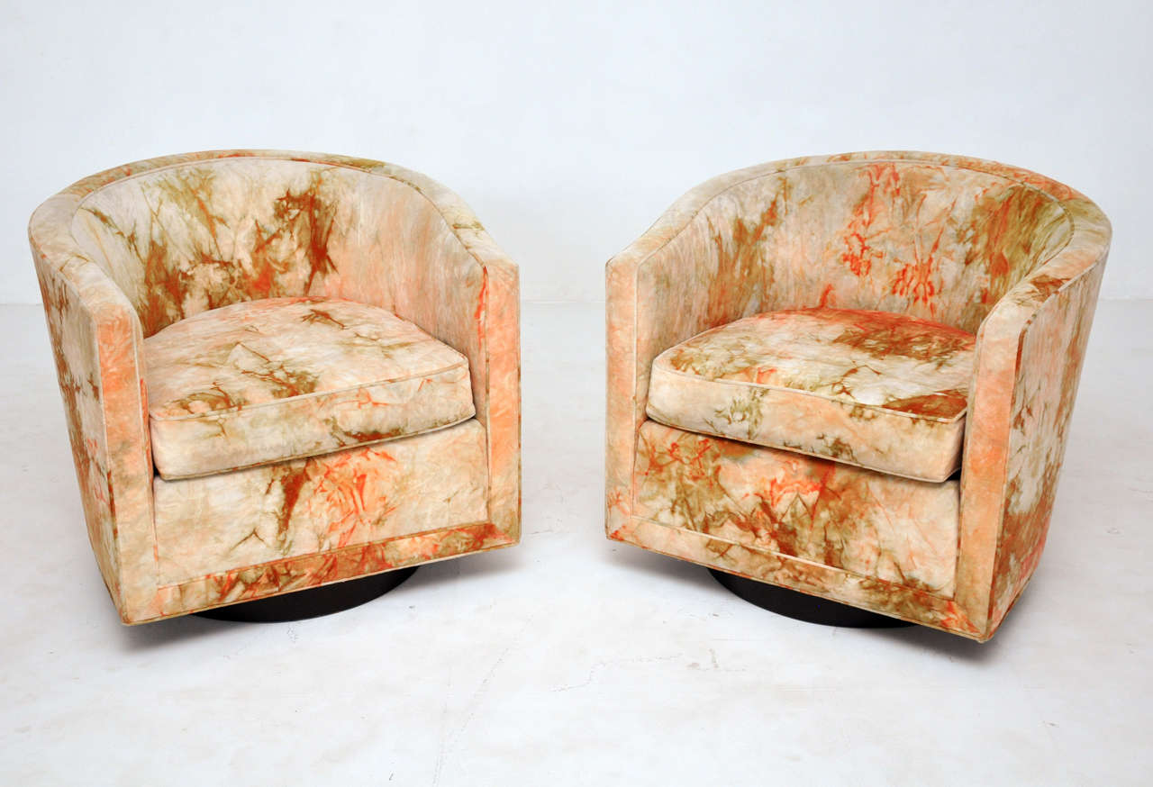 Pair of swivel lounge chairs by Edward Wormley for Dunbar. Original Jack Lenor Larsen tie-dye velvet.